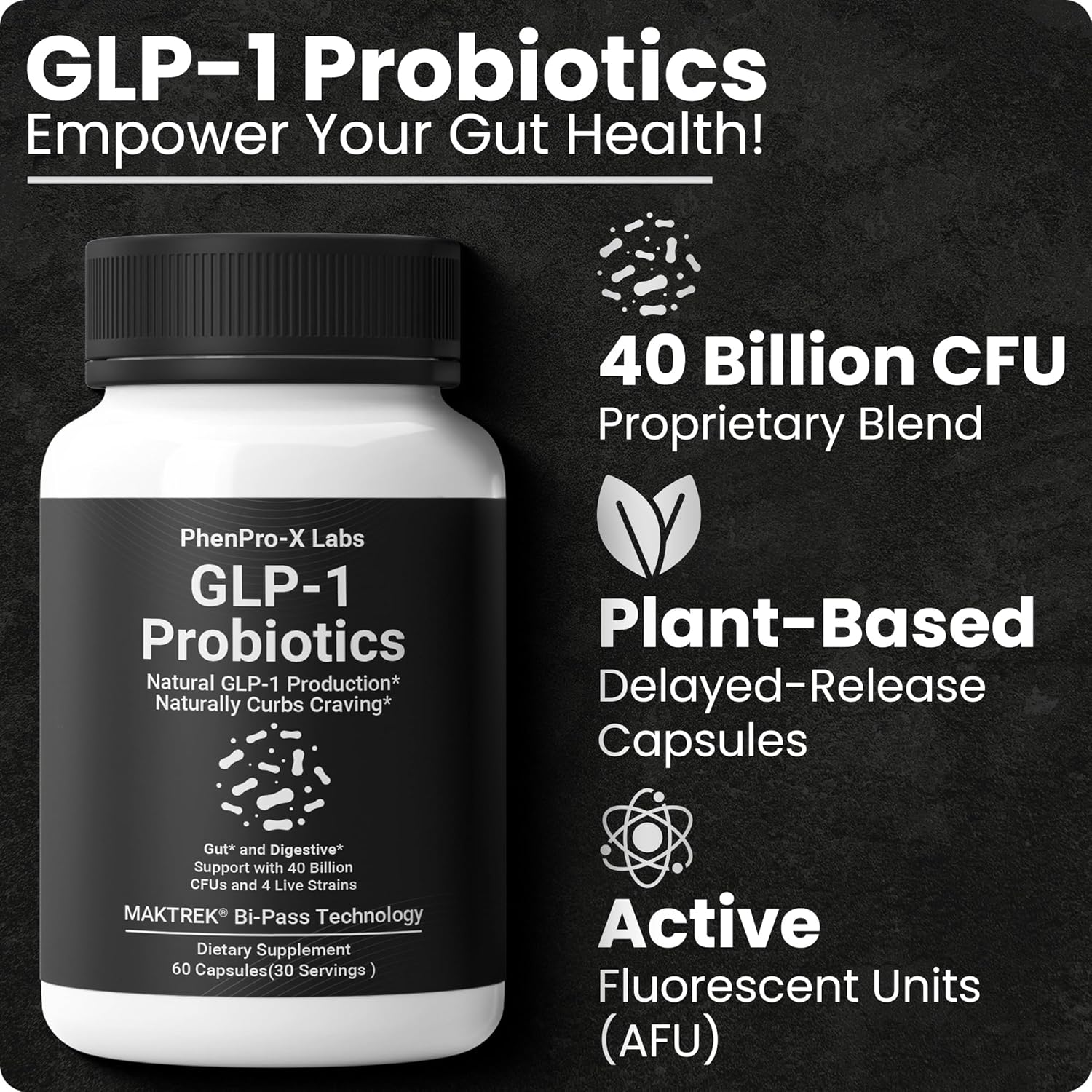 GLP-1 Probiotic by PhenPro-X Labs: Boost Metabolism, Support Overall Health, Delayed Release Formula, Third-Party Tested for Men & Women - 60 Capsules