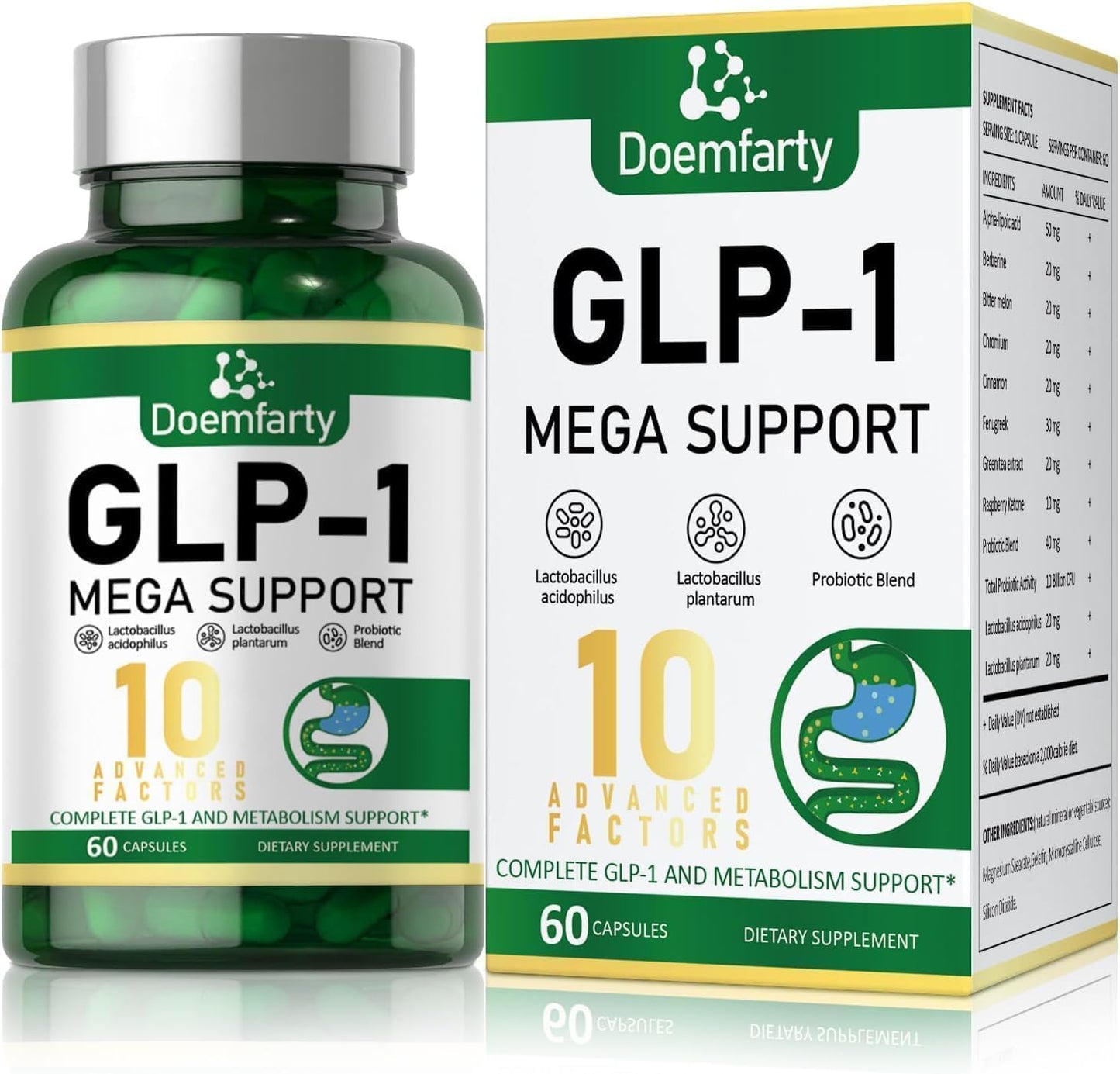GLP-1 Probiotic Supplement with 10 Billion CFU Multi-Strain Probiotics - 60 Capsules for Men & Women