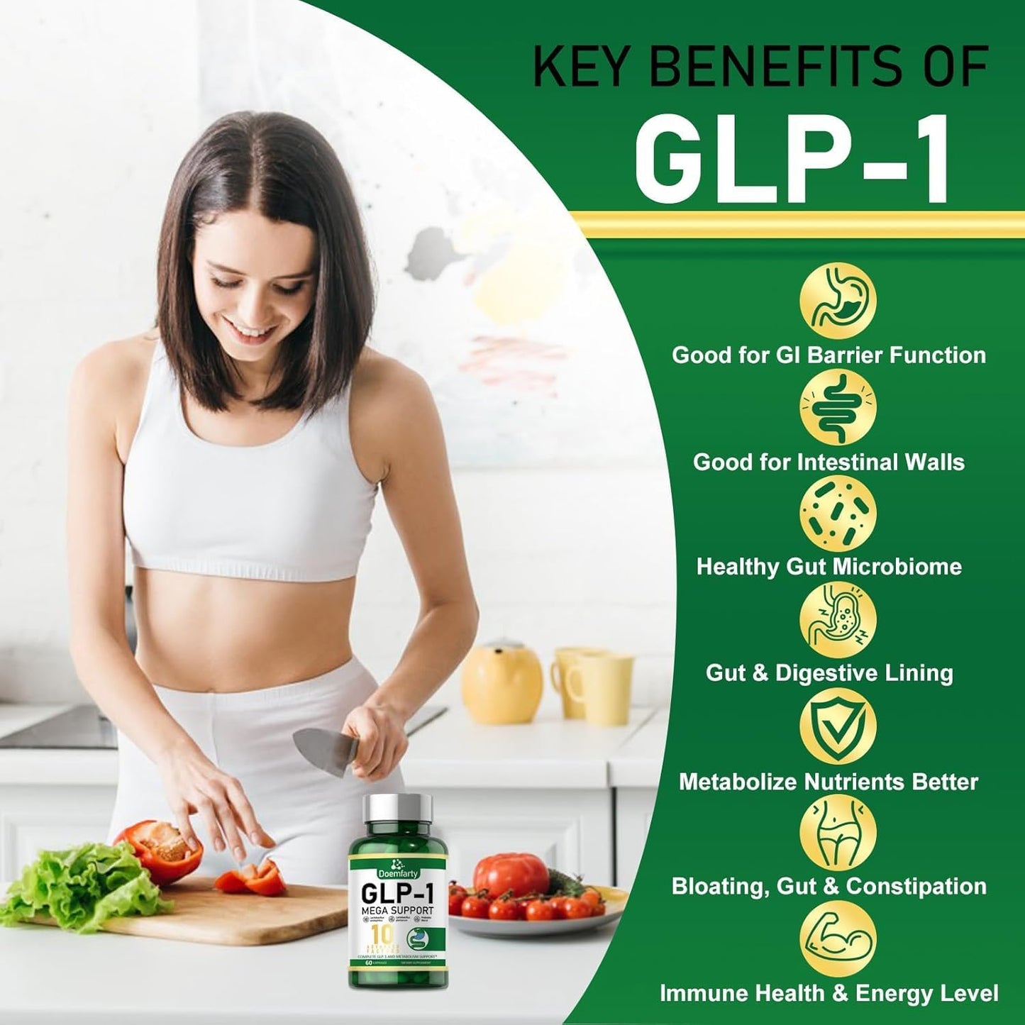 GLP-1 Probiotic Supplement with 10 Billion CFU Multi-Strain Probiotics - 60 Capsules for Men & Women