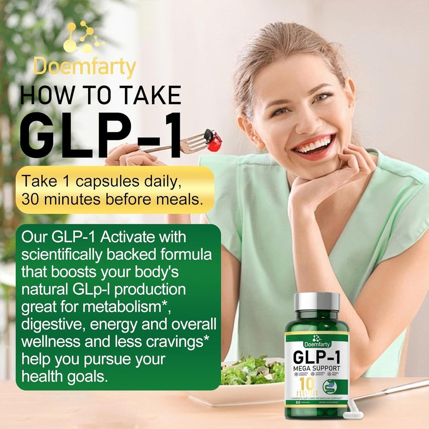 GLP-1 Probiotic Supplement with 10 Billion CFU Multi-Strain Probiotics - 60 Capsules for Men & Women