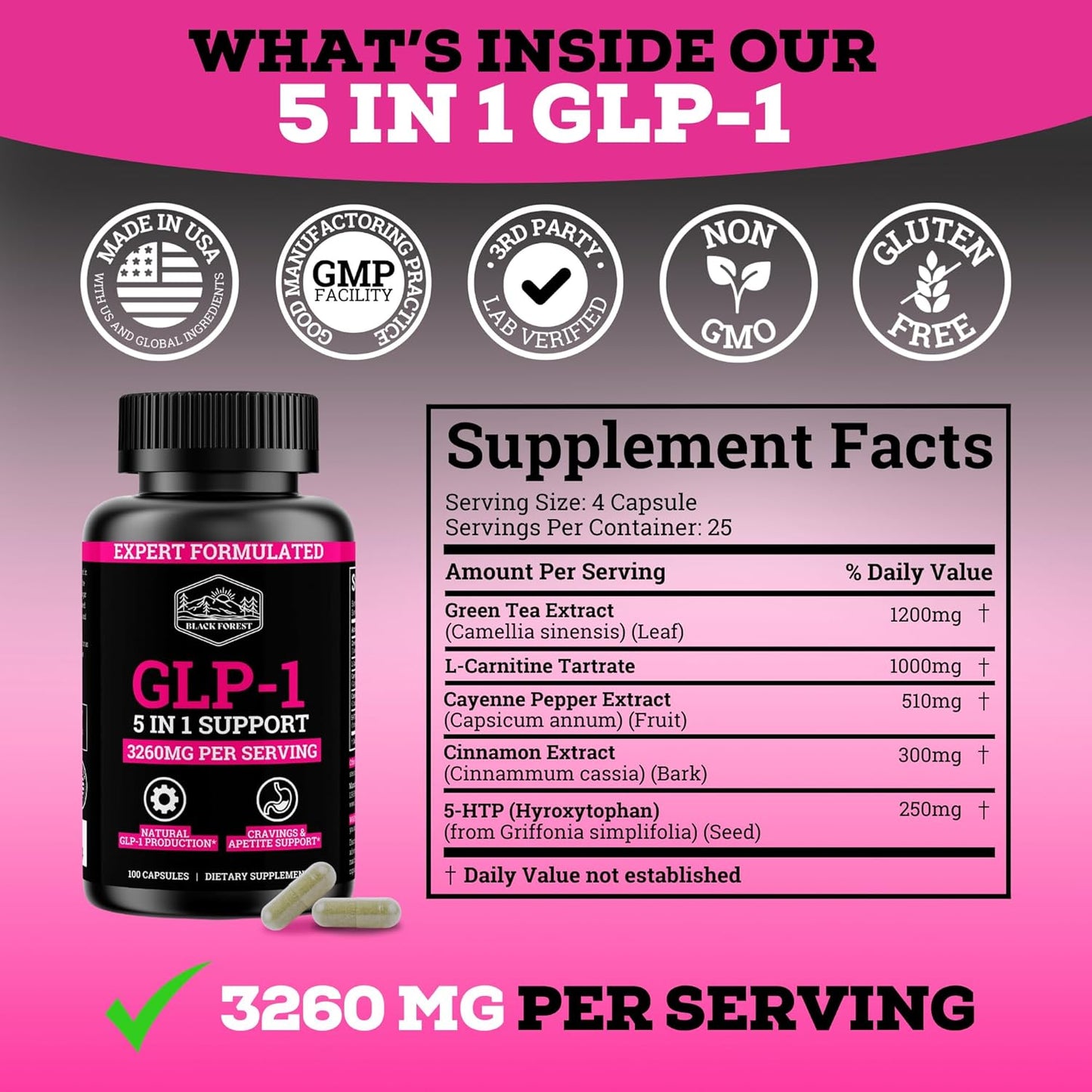GLP-1 Supplement for Women with Probiotic & Green Tea Extract - 5 in 1 Booster for Metabolism - 3260mg Per Serving - 1 Month Supply