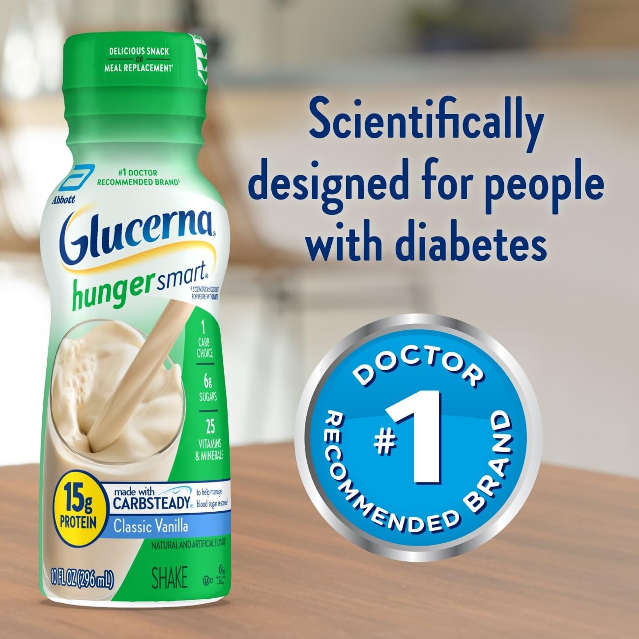 Glucerna Hunger Smart Shake, Diabetic-friendly Protein Drink, 180 Calories, Classic Vanilla Flavor, 10-fl-oz Bottle, Pack of 6