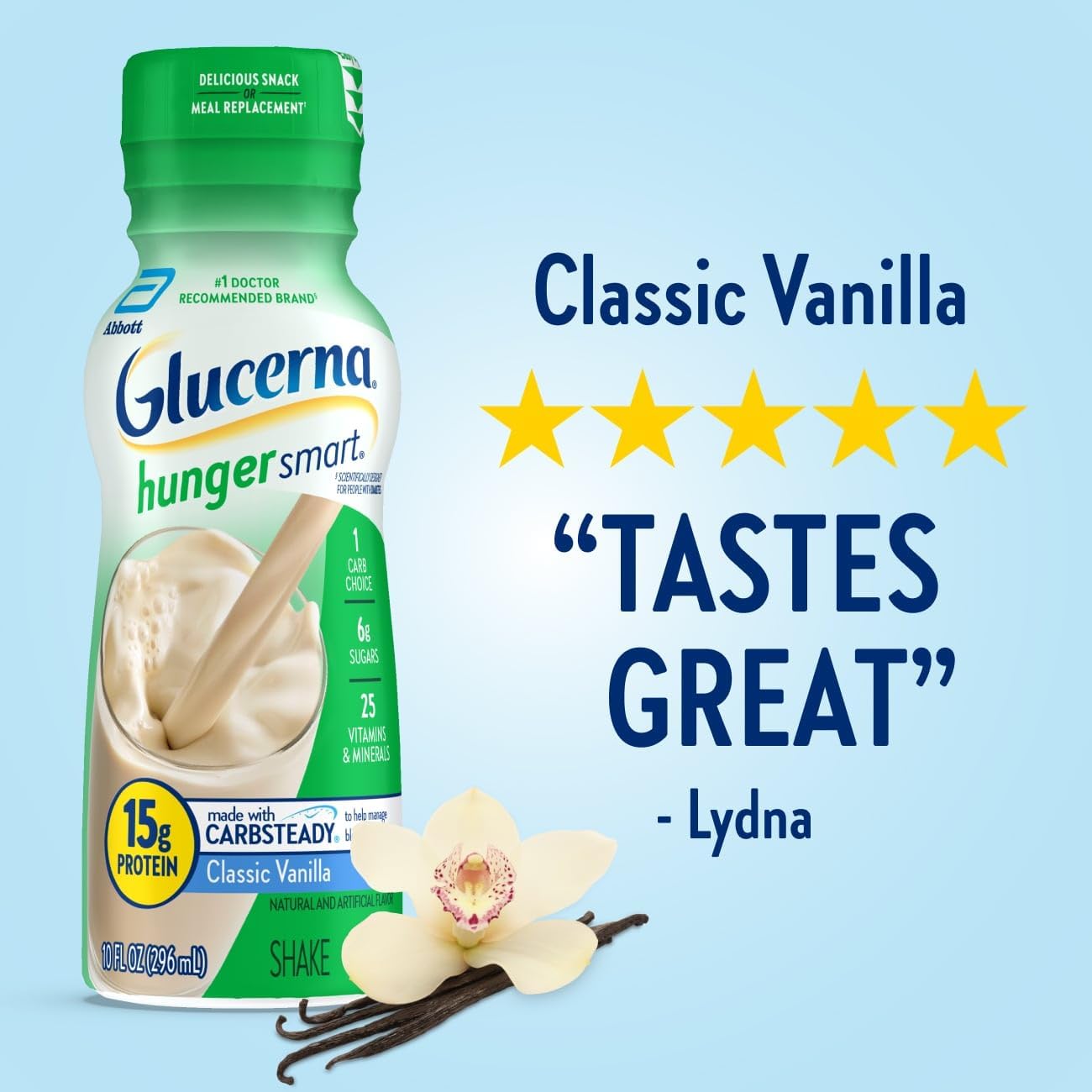 Glucerna Hunger Smart Shake, Diabetic-friendly Protein Drink, 180 Calories, Classic Vanilla Flavor, 10-fl-oz Bottle, Pack of 6