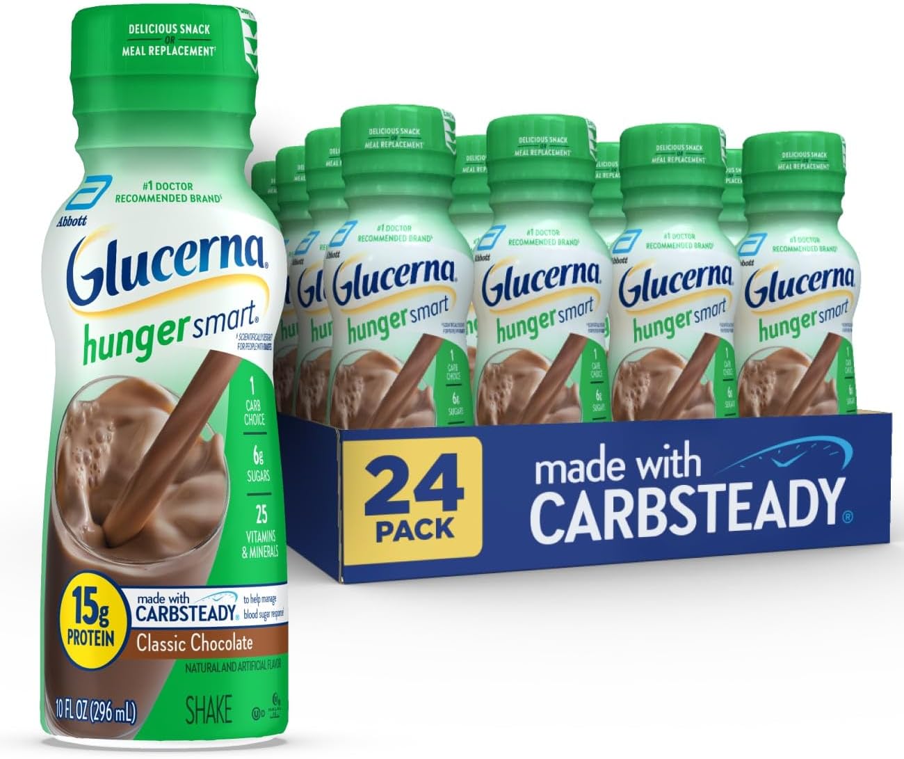 Glucerna Hunger Smart Shake, Diabetic-friendly Support Drink with 15g Protein, 180 Calories, Classic Chocolate Flavor, 10-fl-oz Bottles, 24 Pack