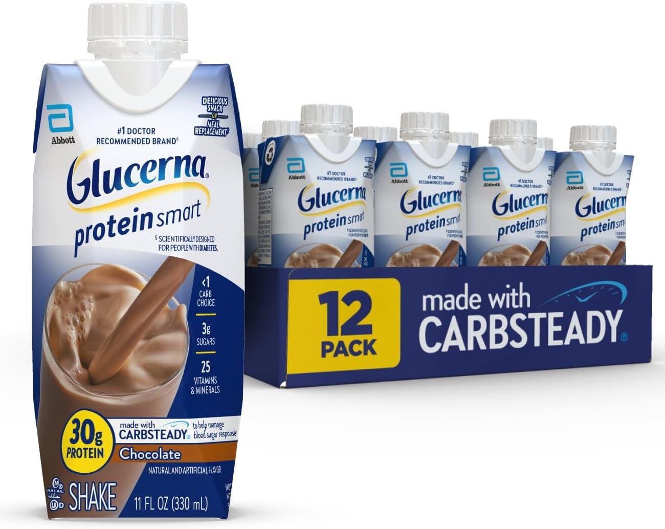 Glucerna Protein Smart Shake, Chocolate Flavor, 30g Protein, 150 Calories, Diabetic Drink for Blood Sugar Management, 11-fl-oz Bottle, 12 Pack