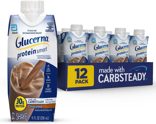 Glucerna Protein Smart Shake, Chocolate Flavor, 30g Protein, 150 Calories, Diabetic Drink for Blood Sugar Management, 11-fl-oz Bottle, 12 Pack