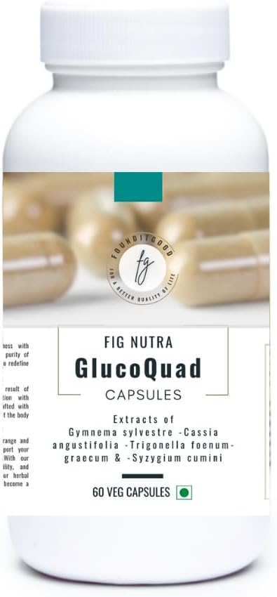 GlucoQuad Herbal Blood Sugar Support Supplement - Gymnema, Fenugreek, Cassia, Syzygium - 60 Veg Capsules