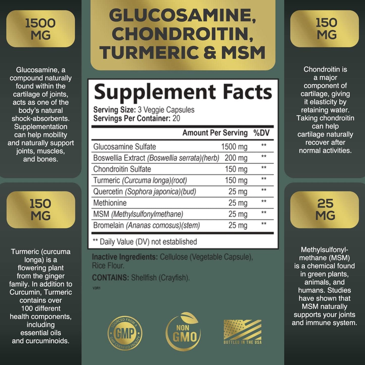 Glucosamine Chondroitin MSM Complex with Turmeric & Boswellia for Joint Support - Antioxidant Formula for Mobility & Occasional Discomfort - 60 Capsules