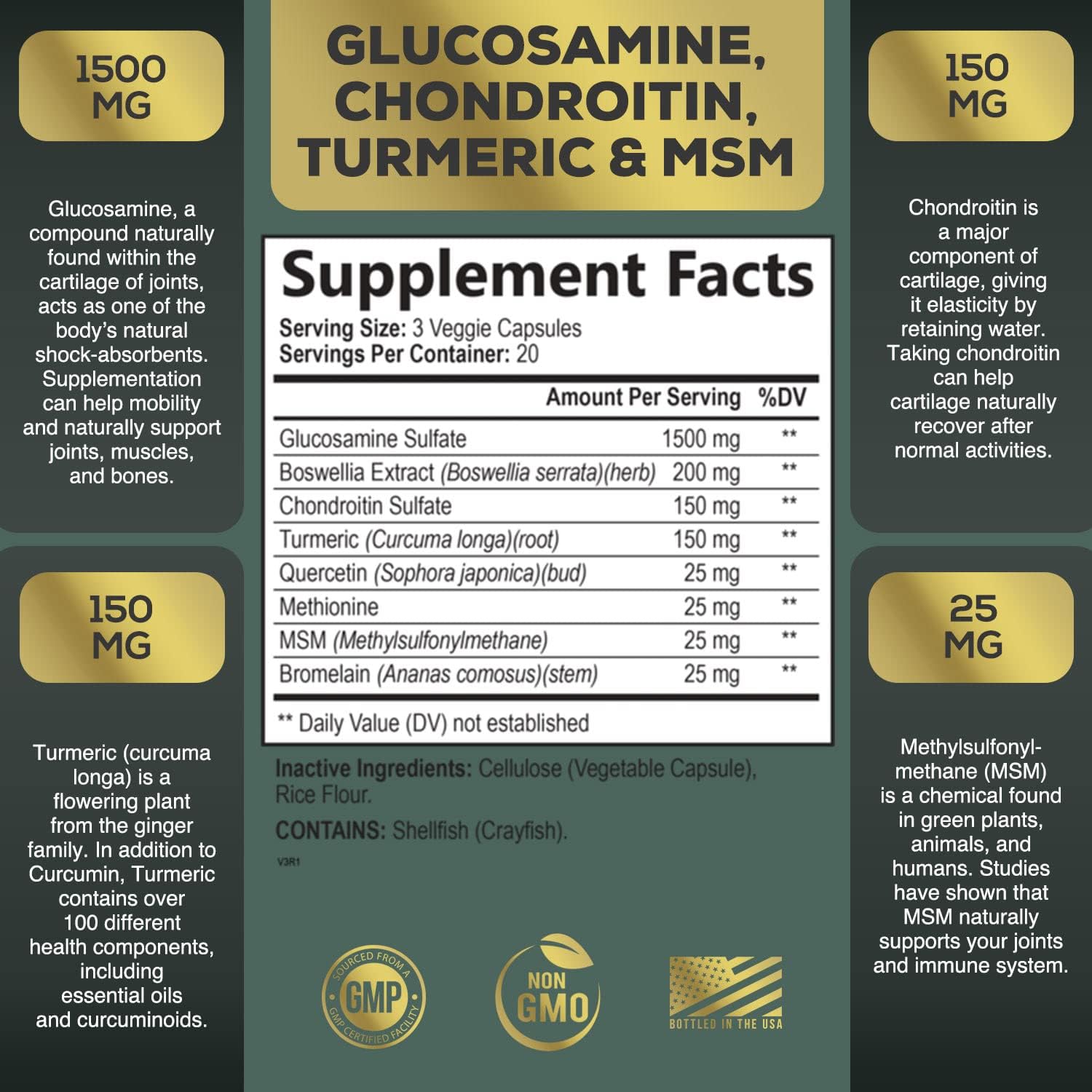 Glucosamine Chondroitin MSM Complex with Turmeric & Boswellia for Joint Support - Antioxidant Formula for Mobility & Occasional Discomfort - 60 Capsules
