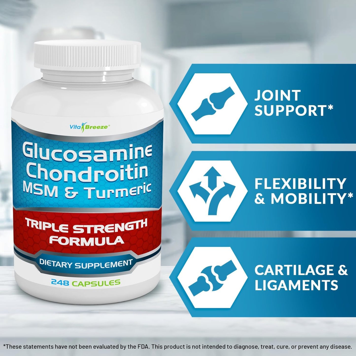Glucosamine Chondroitin, MSM & Turmeric Supplement - 248 Capsules by VitaBreeze