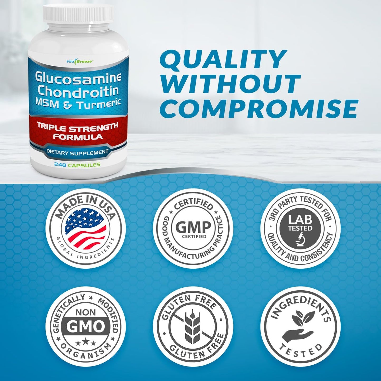 Glucosamine Chondroitin, MSM & Turmeric Supplement - 248 Capsules by VitaBreeze