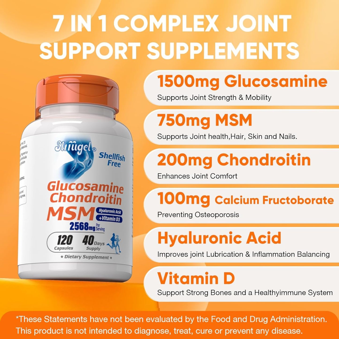 Glucosamine Chondroitin MSM Vitamin D3 Supplement for Joint Support, Inflammatory Response Care, Flexibility, and Bone Health - 2568mg, Non-GMO, Shellfish-Free