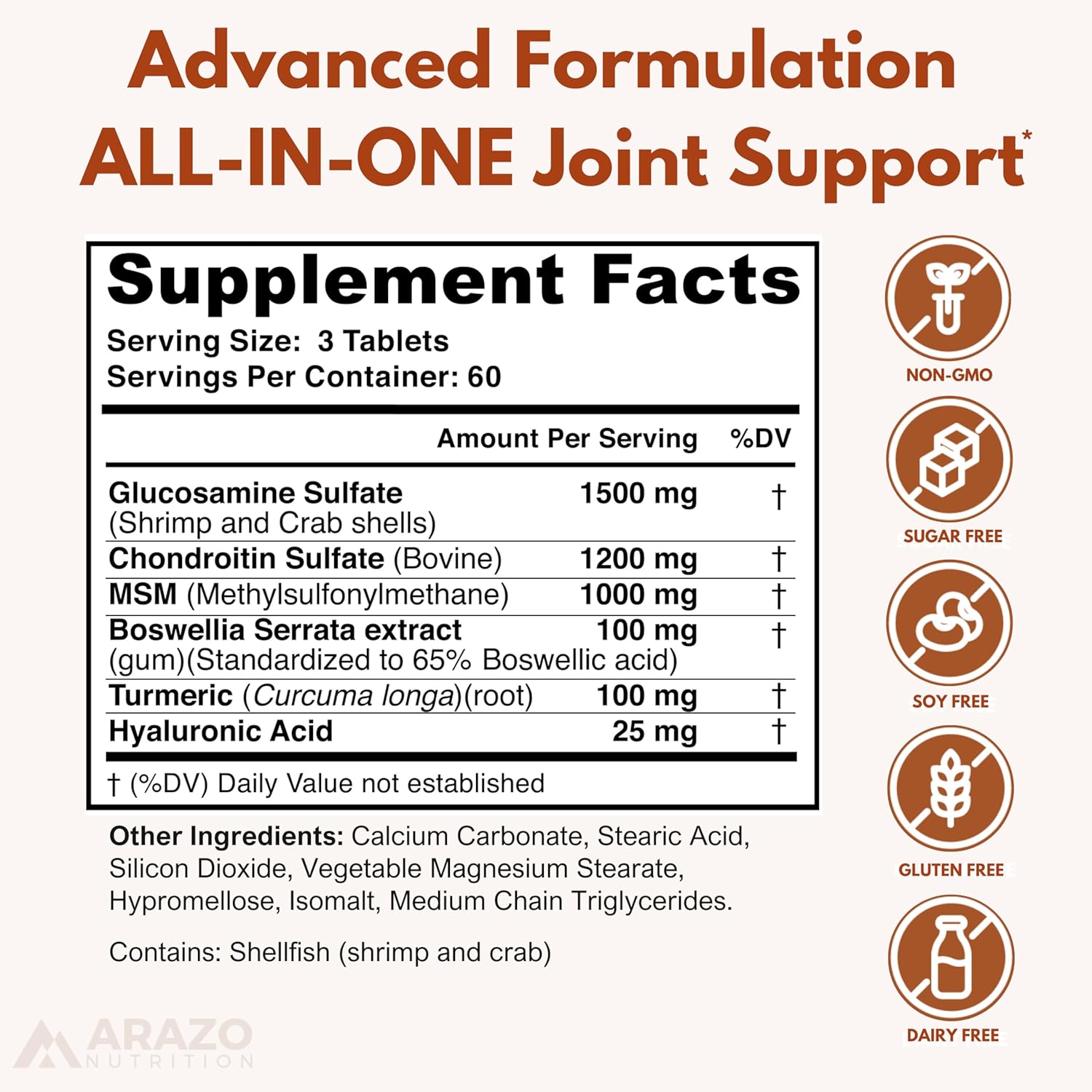Glucosamine Chondroitin Turmeric MSM Boswellia Joint Support Supplement - 180 Tablets for Bone, Back, Knee, Hand Relief