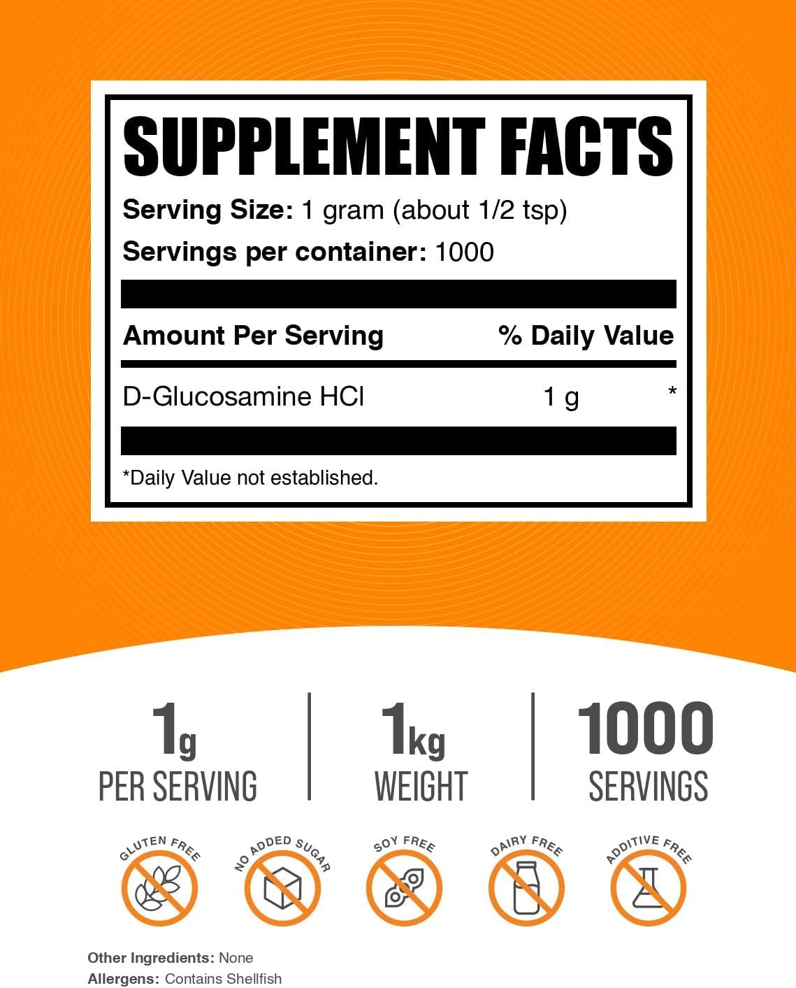 Glucosamine HCl Powder - 1000mg Supplement - Gluten Free - 1kg (2.2 lbs) Pack