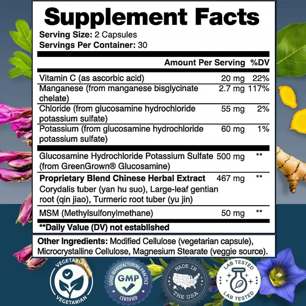 Glucosamine Joint Support Capsules with MSM, Turmeric, Vitamin C, Potassium & Herbal Blend - 60 Vegetarian Capsules