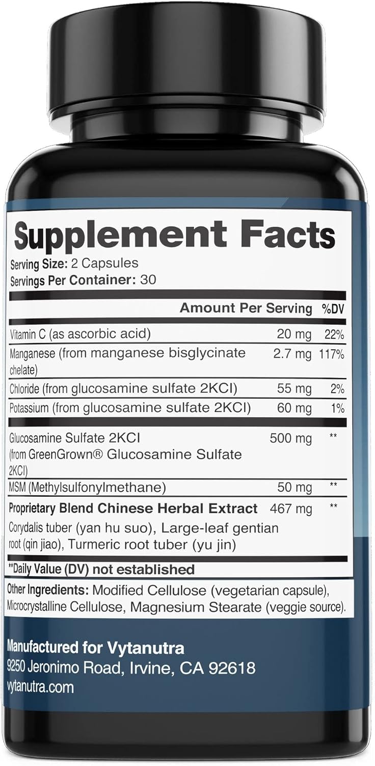 Glucosamine Joint Support Capsules with MSM, Turmeric, Vitamin C, Potassium & Herbal Blend - 60 Vegetarian Capsules