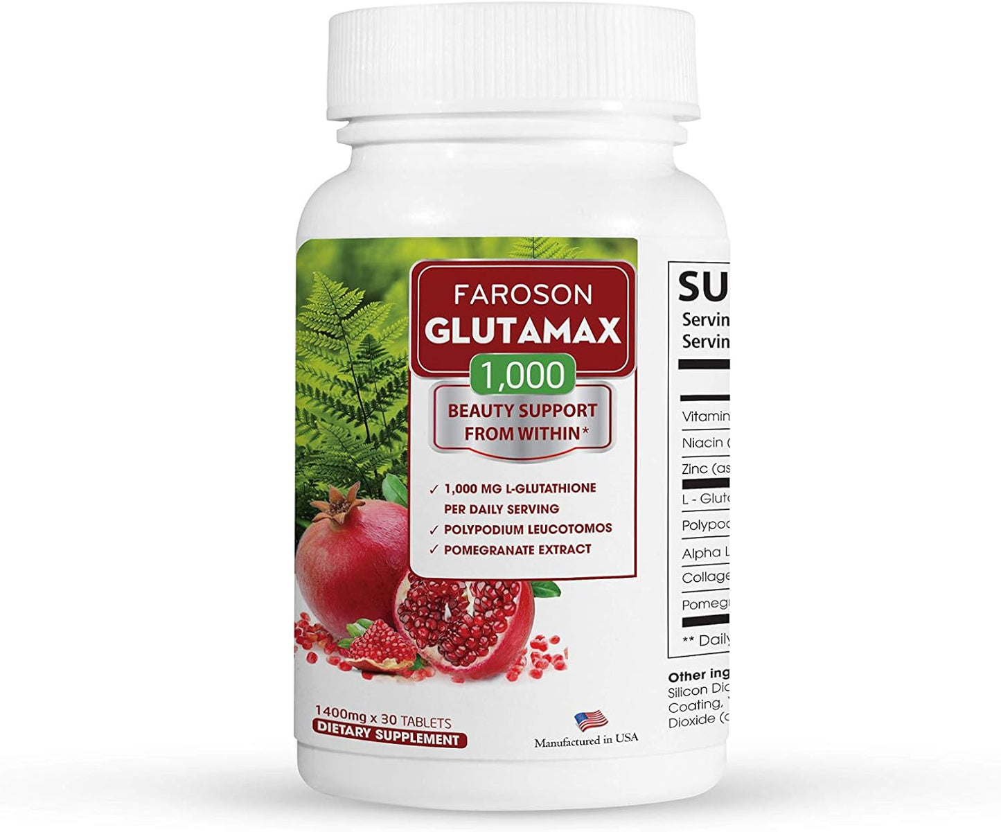 Glutamax Whitening Supplement with Glutathione 1000mg, Fern & Pomegranate Extract for Skin Elasticity and Anti-Aging - 30 Tablets USA Made