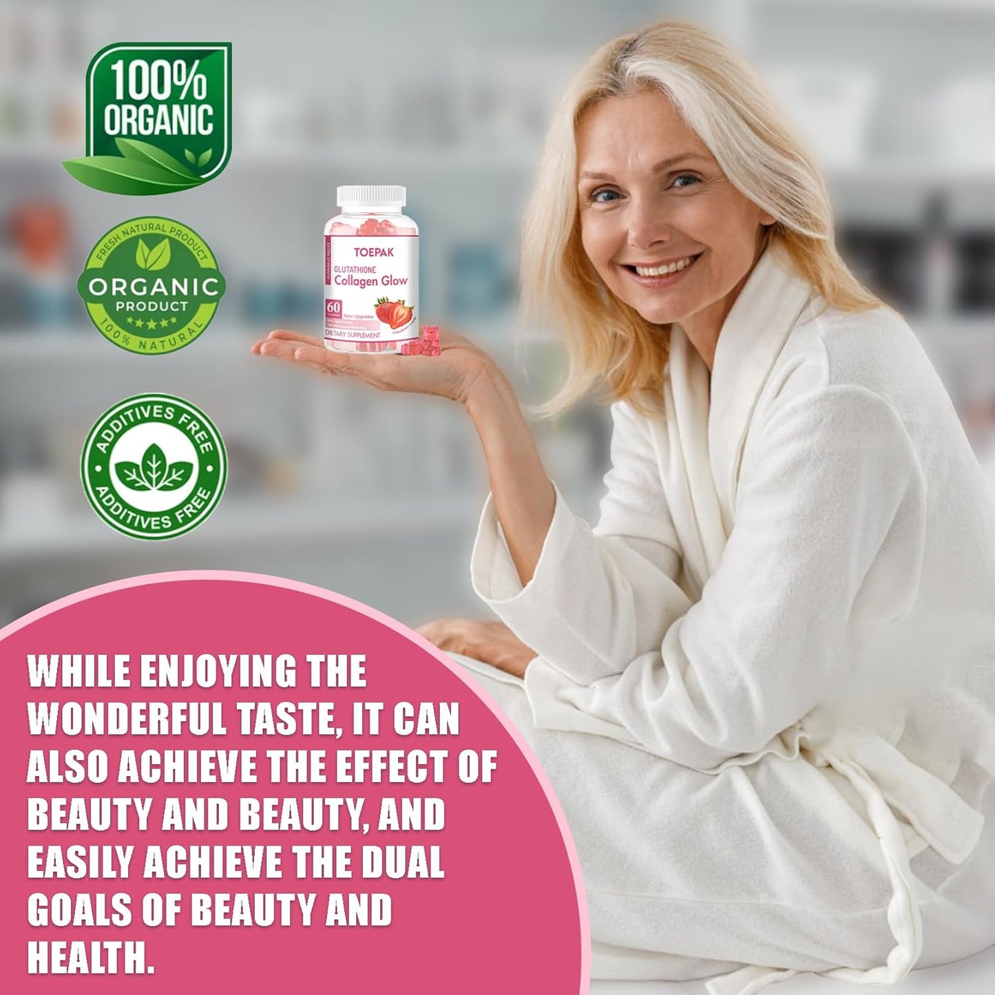 Glutathione Collagen Glow Gummies for Women - Anti-Aging Skin Brightening with Strawberry Flavor - 120 Gummies, 60 Servings