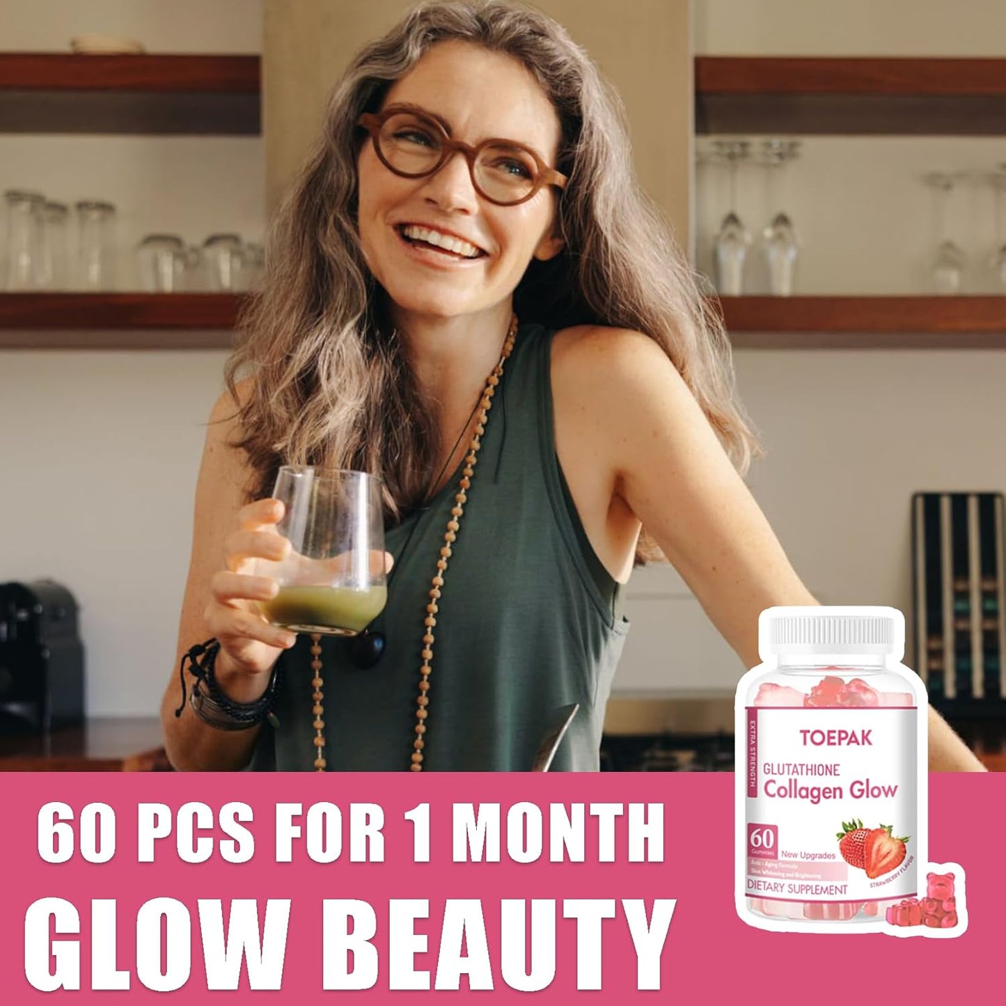 Glutathione Collagen Glow Gummies for Women - Anti-Aging Skin Brightening with Strawberry Flavor - 120 Gummies, 60 Servings