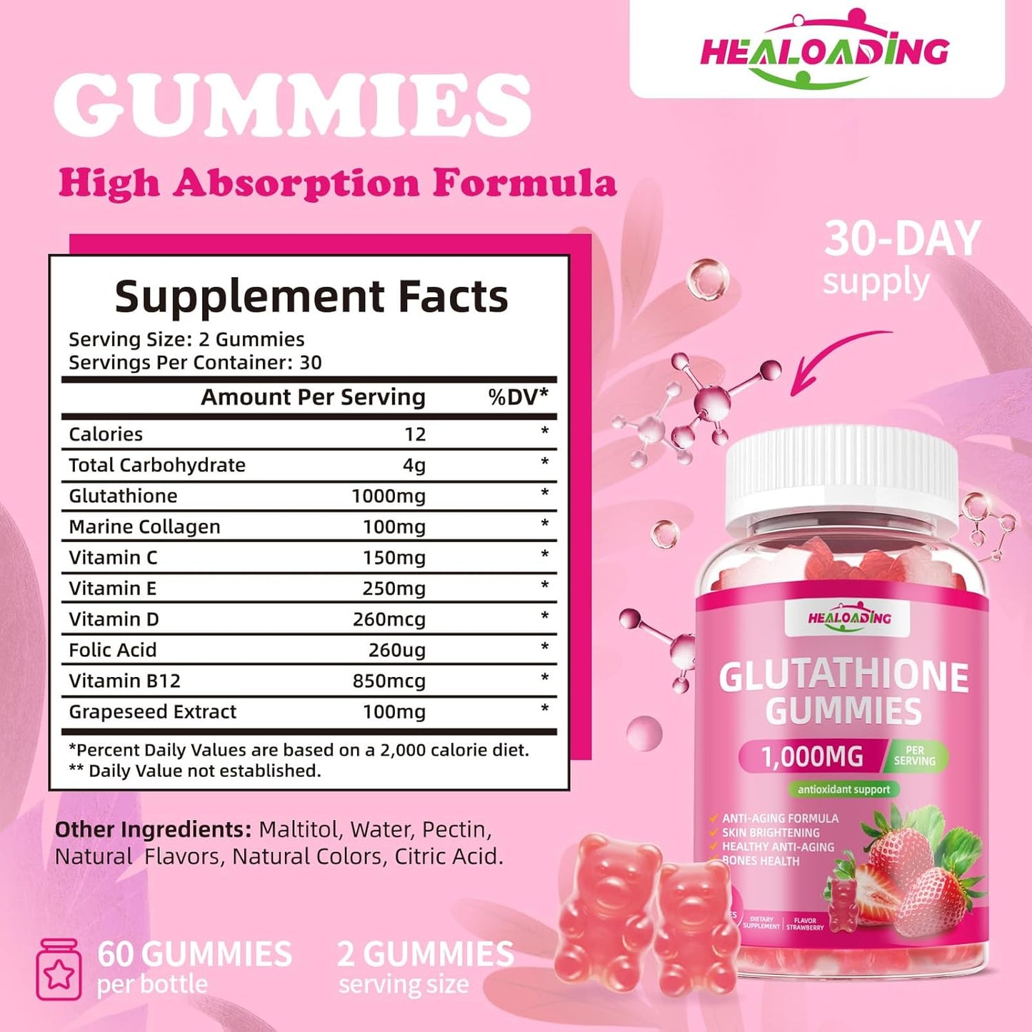 Glutathione Collagen Gummies with Vitamins C, E, D&B12 - 1000mg Antioxidant Supplement for Skin Brightening & Anti-Aging