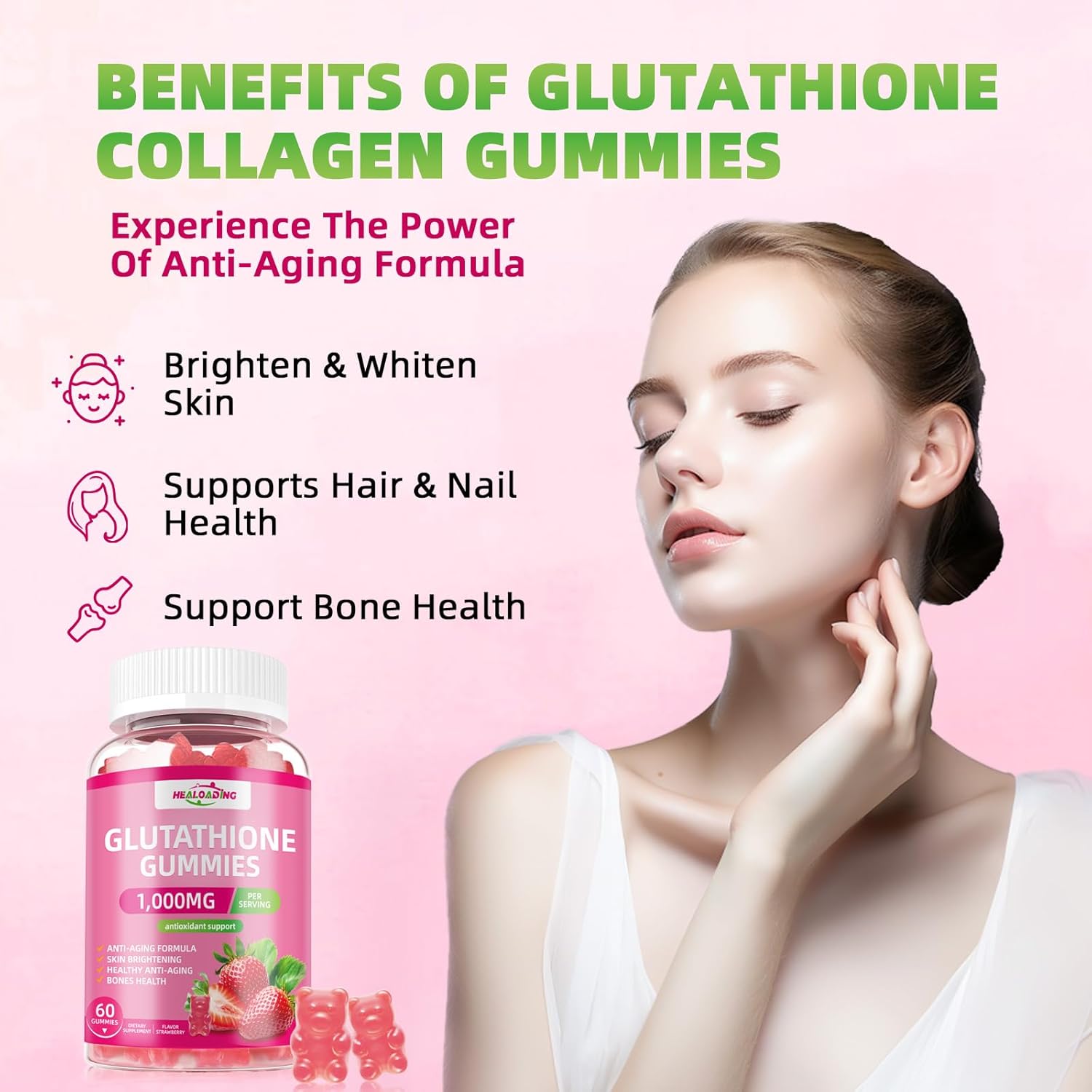 Glutathione Collagen Gummies with Vitamins C, E, D&B12 - 1000mg Antioxidant Supplement for Skin Brightening & Anti-Aging