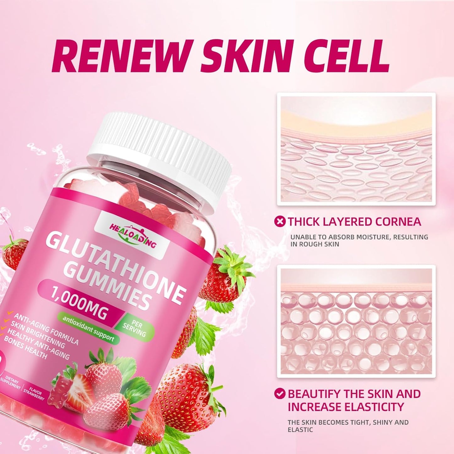 Glutathione Collagen Gummies with Vitamins C, E, D&B12 - 1000mg Antioxidant Supplement for Skin Brightening & Anti-Aging