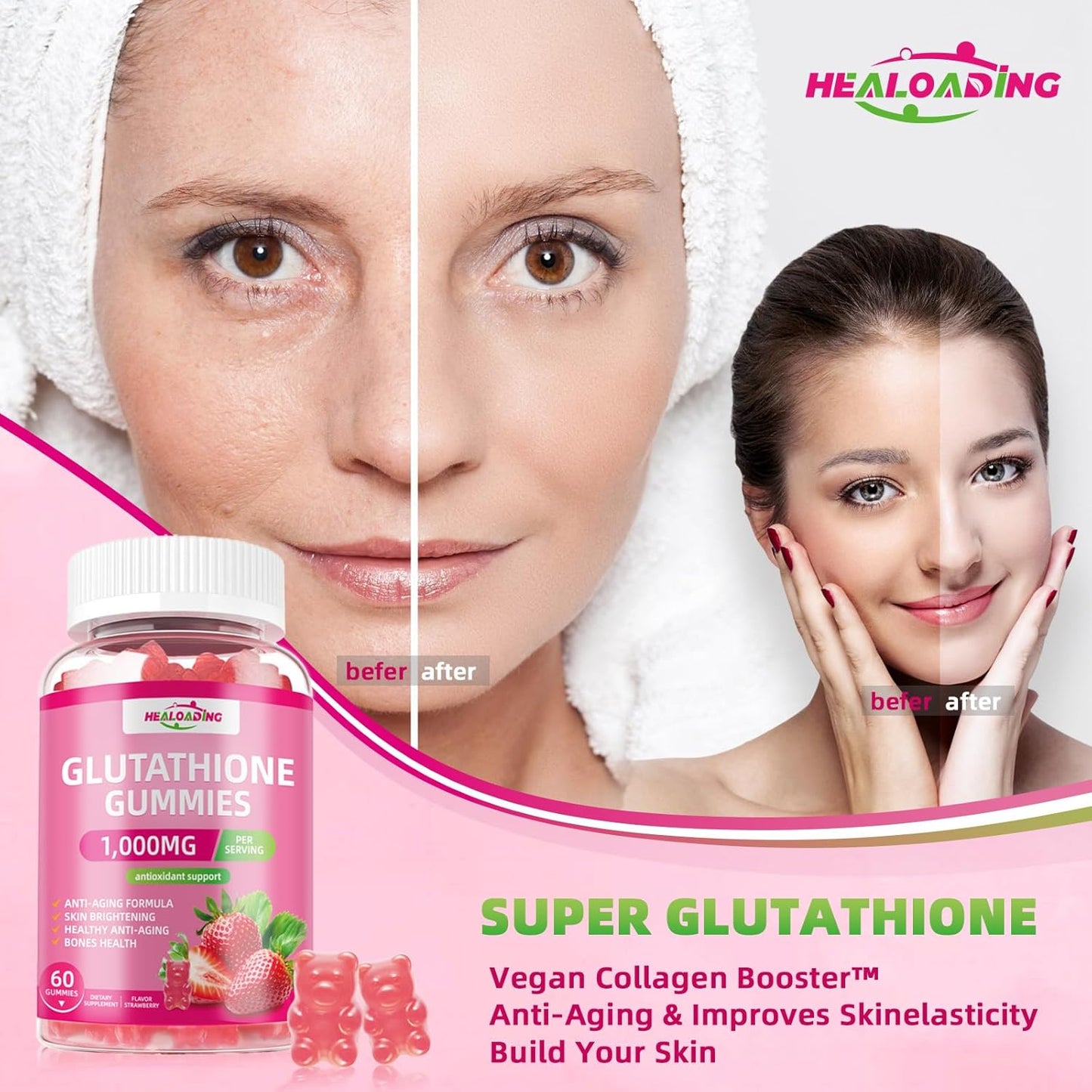 Glutathione Collagen Gummies with Vitamins C, E, D&B12 - 1000mg Antioxidant Supplement for Skin Brightening & Anti-Aging