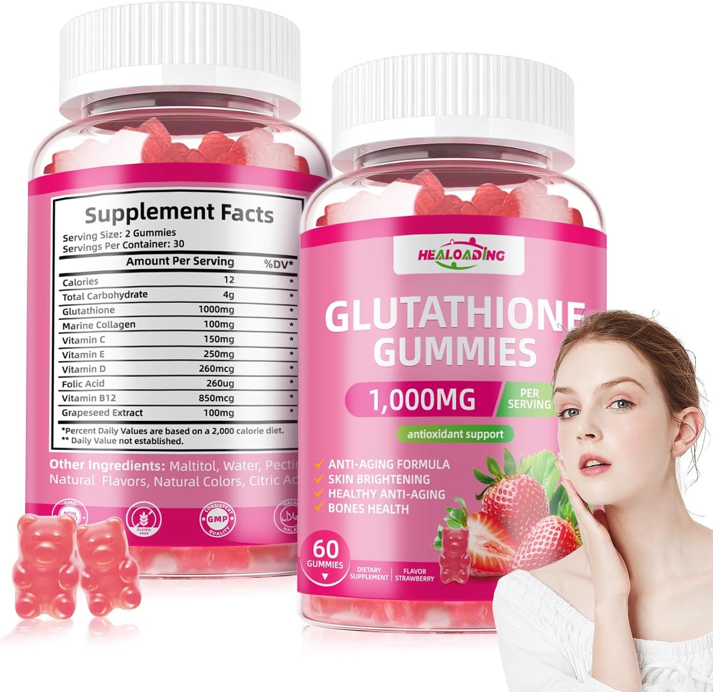 Glutathione Collagen Gummies with Vitamins C, E, D&B12 - 1000mg Antioxidant Supplement for Skin Brightening & Anti-Aging
