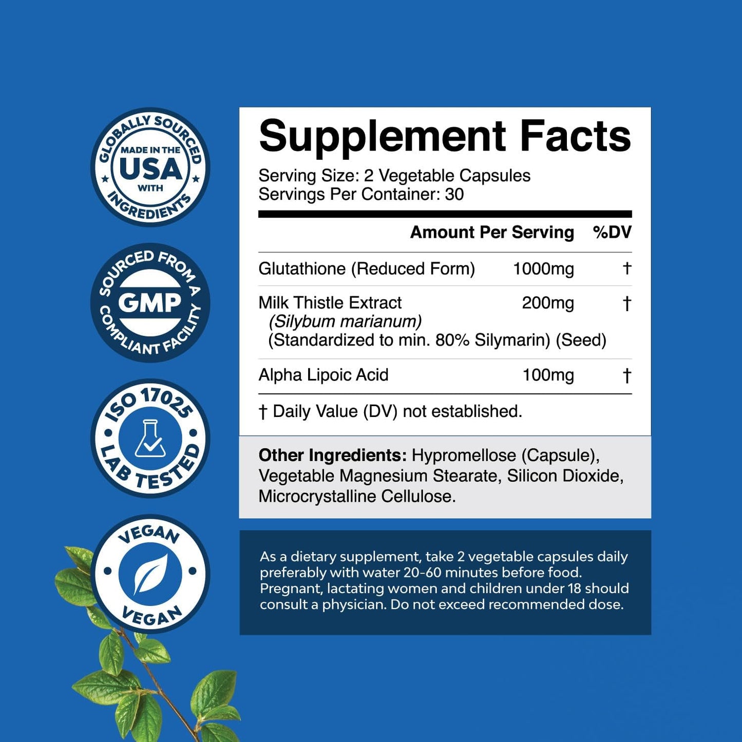 Glutathione Skin Whitening Capsules with Milk Thistle 1000mg - Skin Brightening Supplement with Alpha Lipoic Acid for Liver Health & Immune Support - 60 Count for Men & Women
