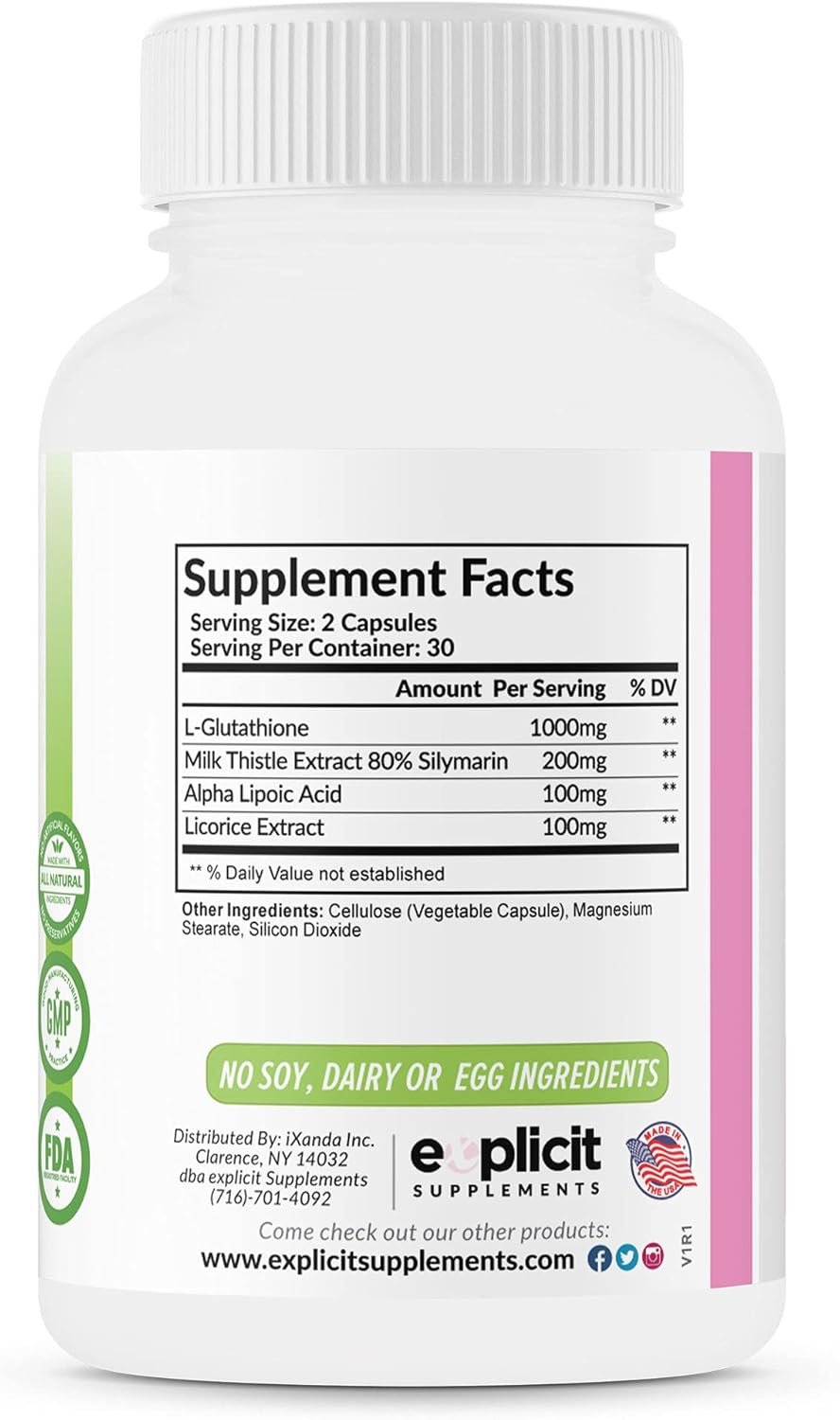 Glutathione Skin Whitening Supplement 1000mg - Clear Dark Spots, Acne Scars - 60 Capsules