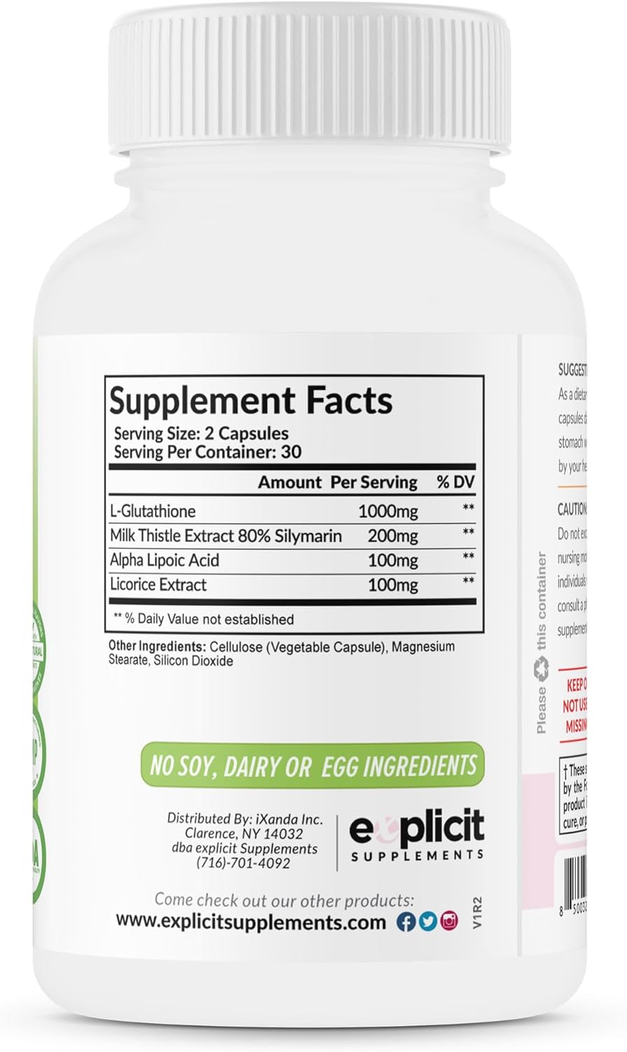 Glutathione Skin Whitening Supplement 1000mg - Clear Dark Spots, Acne Scars - 60 Capsules