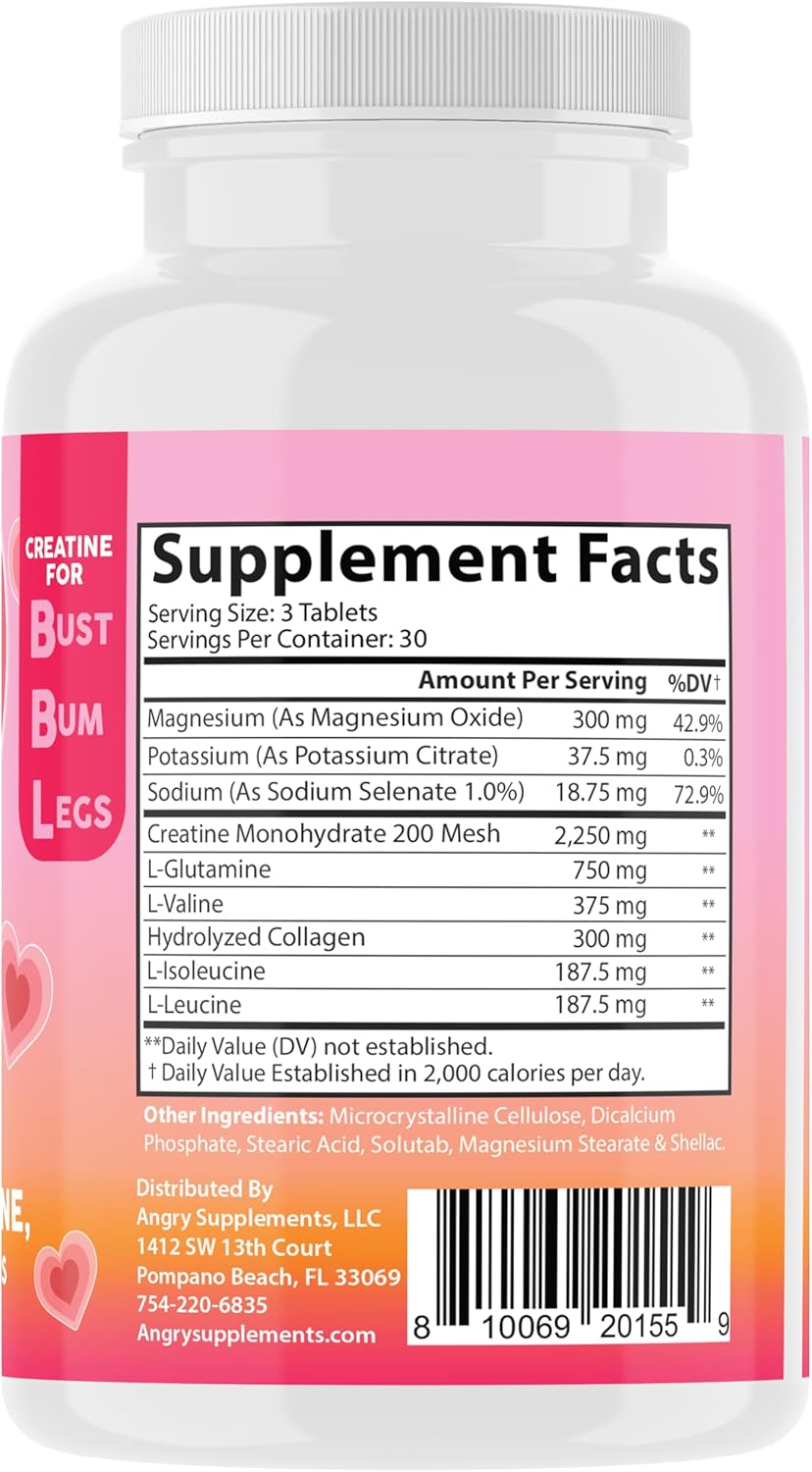 Glute Builder Supplement for Women - Angry Supplements Better Booty BBL Tablets with Creatine, Collagen, and BCAA's for Booty Gains and Muscle Building (90ct)