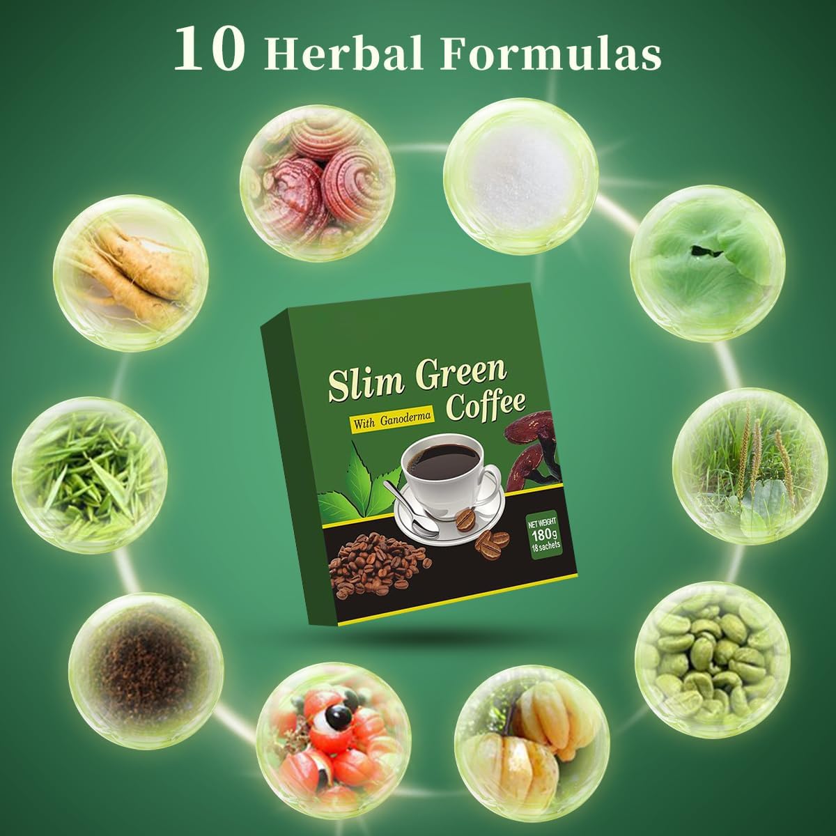 Gluten-Free Green Coffee Bean Extract Powder with 10 Natural Health Blends - 180g (18 Sachets)