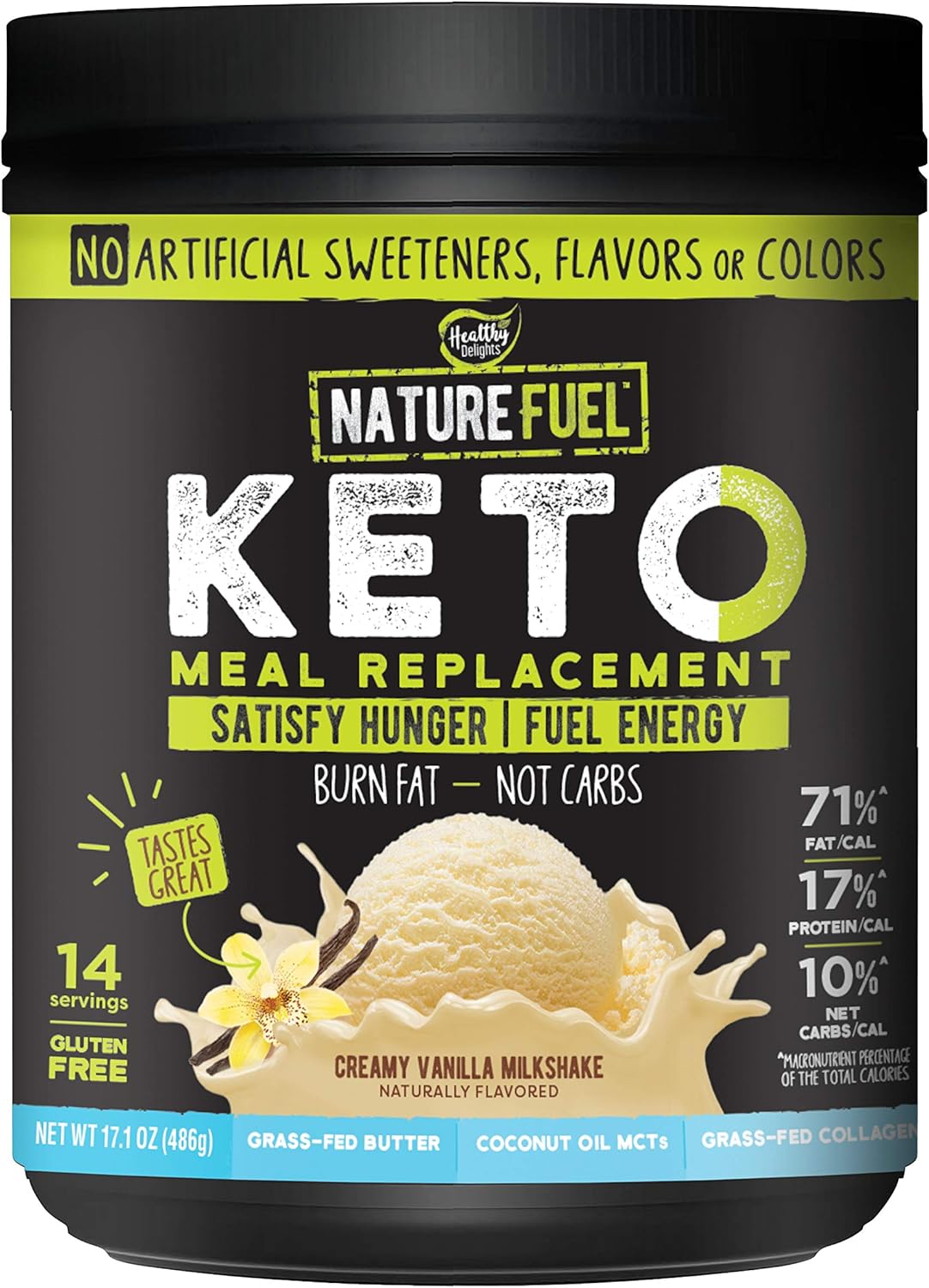 Gluten-Free Keto Meal Replacement Powder with MCTs and Grass-Fed Butter - Creamy Vanilla Milkshake Flavor - 14 Servings - Pantry Friendly - 17.1 Fl Oz