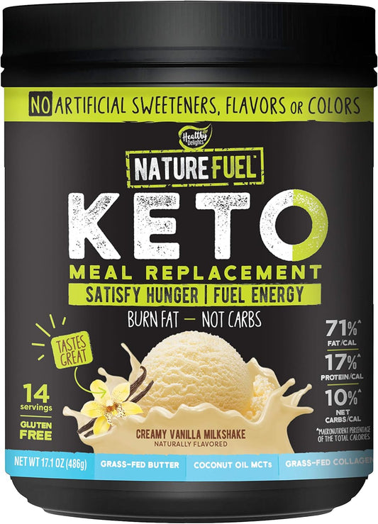 Gluten-Free Keto Meal Replacement Powder with MCTs and Grass-Fed Butter - Creamy Vanilla Milkshake Flavor - 14 Servings - Pantry Friendly - 17.1 Fl Oz
