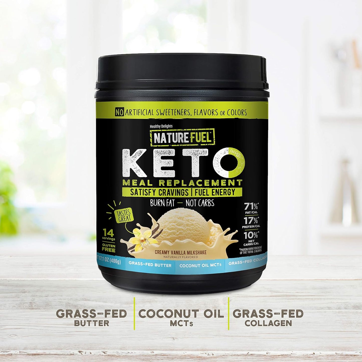 Gluten-Free Keto Meal Replacement Powder with MCTs and Grass-Fed Butter - Creamy Vanilla Milkshake Flavor - 14 Servings - Pantry Friendly - 17.1 Fl Oz