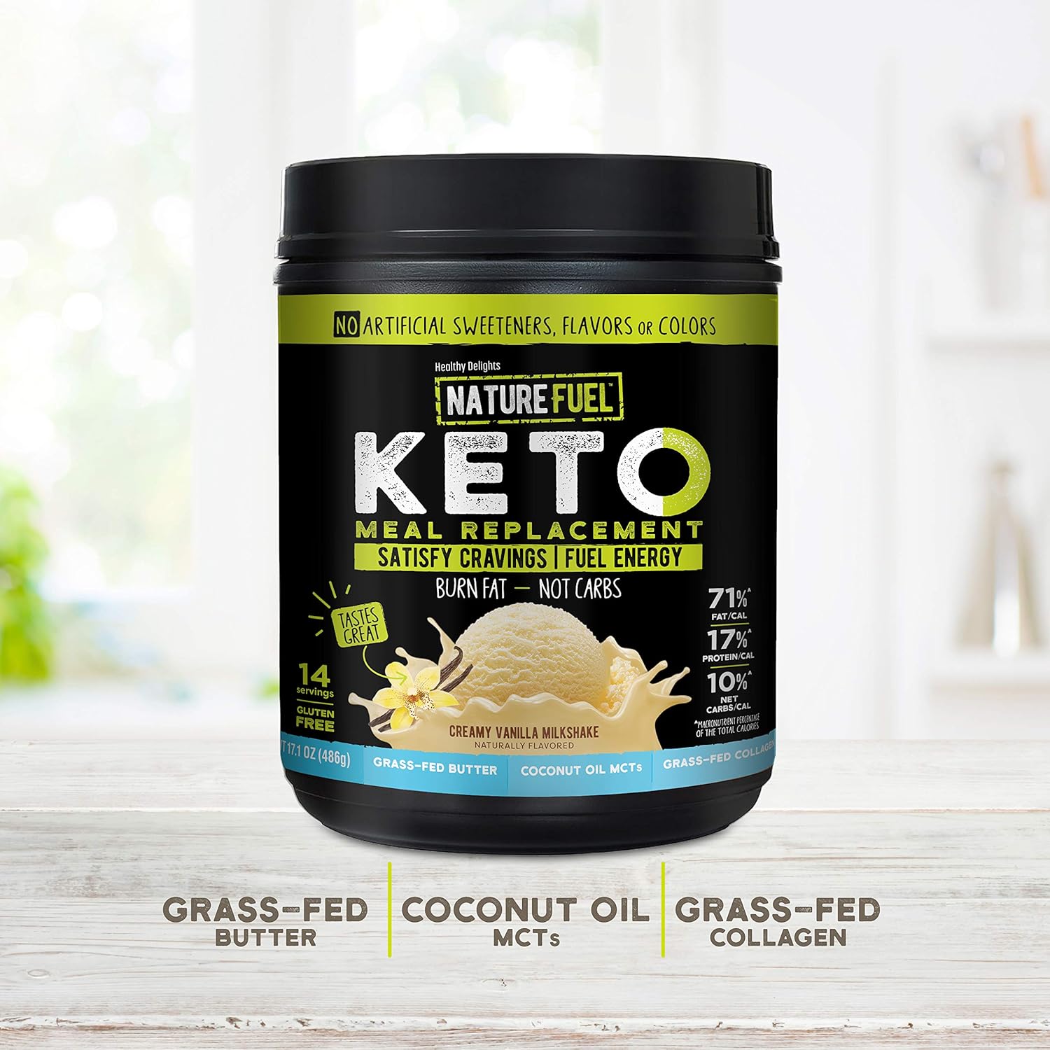 Gluten-Free Keto Meal Replacement Powder with MCTs and Grass-Fed Butter - Creamy Vanilla Milkshake Flavor - 14 Servings - Pantry Friendly - 17.1 Fl Oz