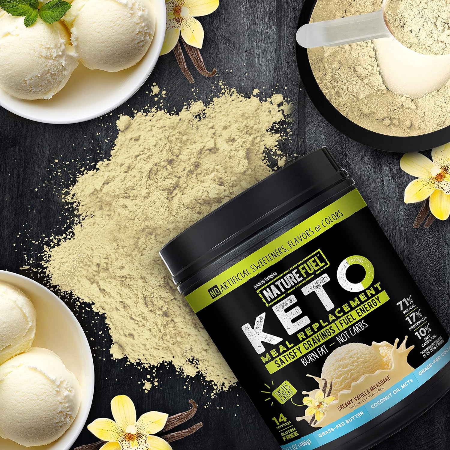 Gluten-Free Keto Meal Replacement Powder with MCTs and Grass-Fed Butter - Creamy Vanilla Milkshake Flavor - 14 Servings - Pantry Friendly - 17.1 Fl Oz
