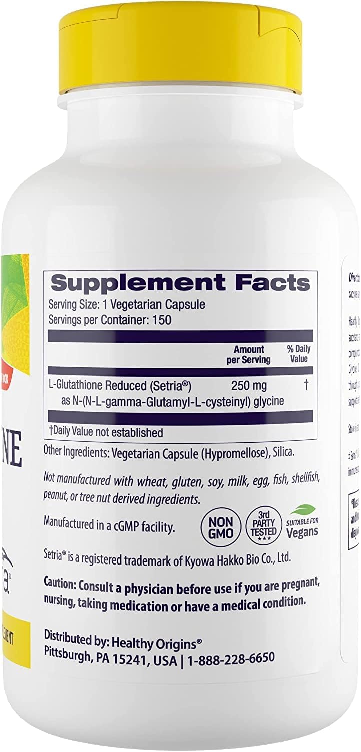 Gluten-Free L-Glutathione (Setria) Reduced 250mg Capsules - Immune & Antioxidant Support - Collagen Boost - 150 Veggie Caps