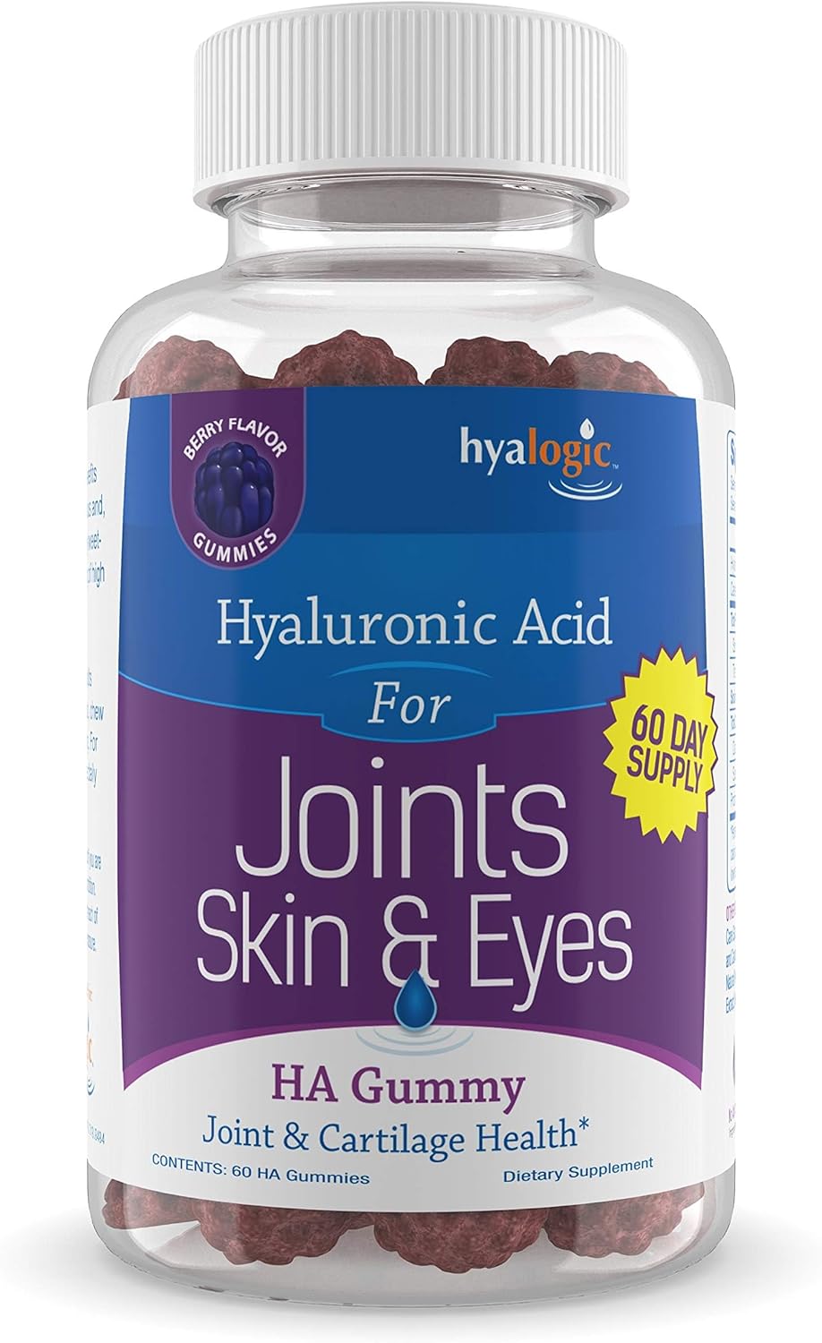 Gluten-Free Mixed Berry Hyaluronic Acid Gummies for Adults - 60 Count (120mg) - Supports Joints, Skin, and Eyes
