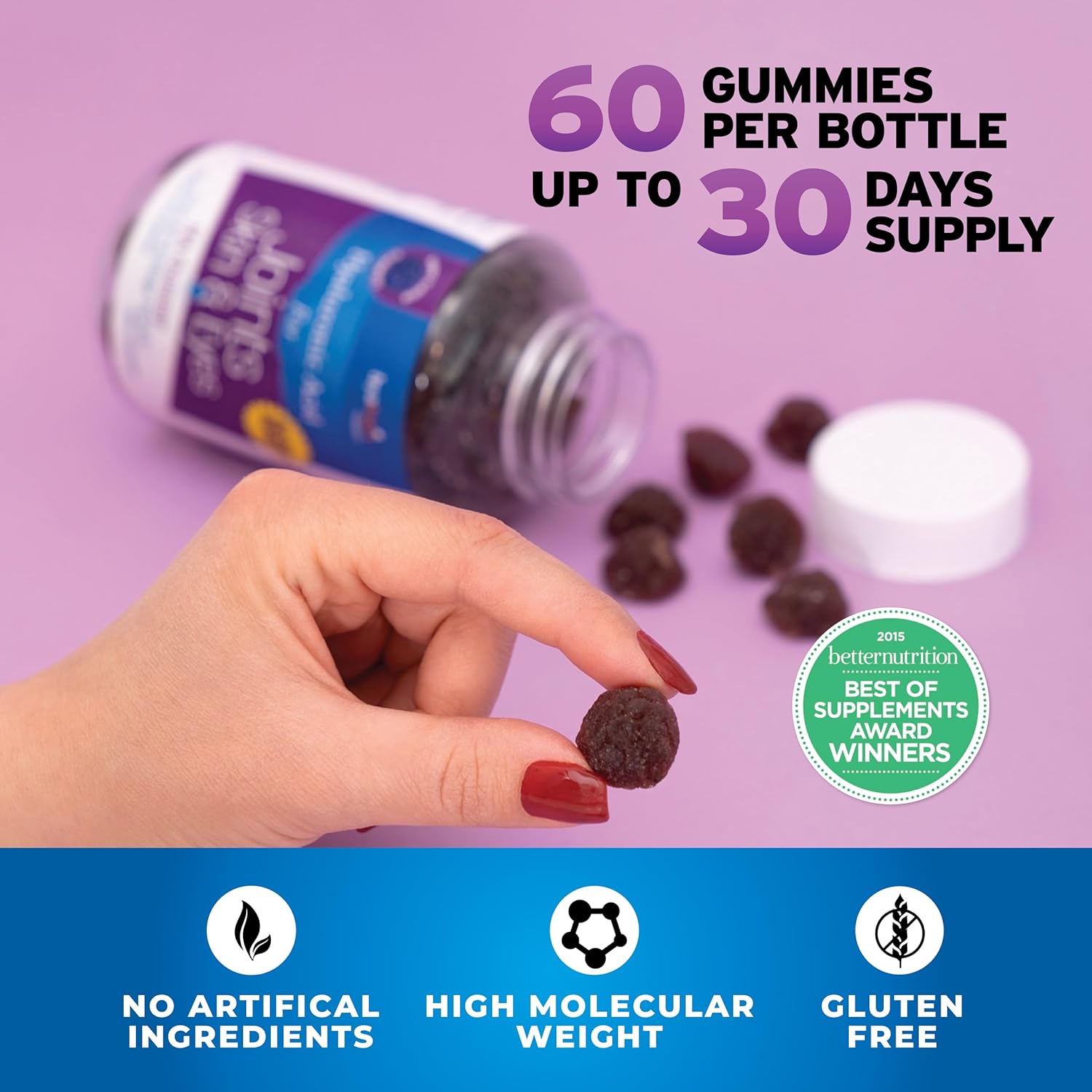 Gluten-Free Mixed Berry Hyaluronic Acid Gummies for Adults - 60 Count (120mg) - Supports Joints, Skin, and Eyes