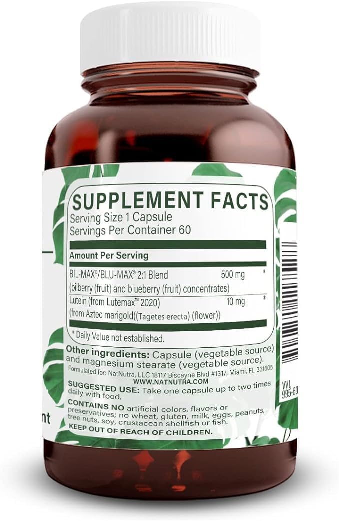 Gluten-Free Natural Nutra Bilberry Extract Eye Health Vitamins - Improve Day & Night Vision, Support Color Perception - 60 Capsules Total