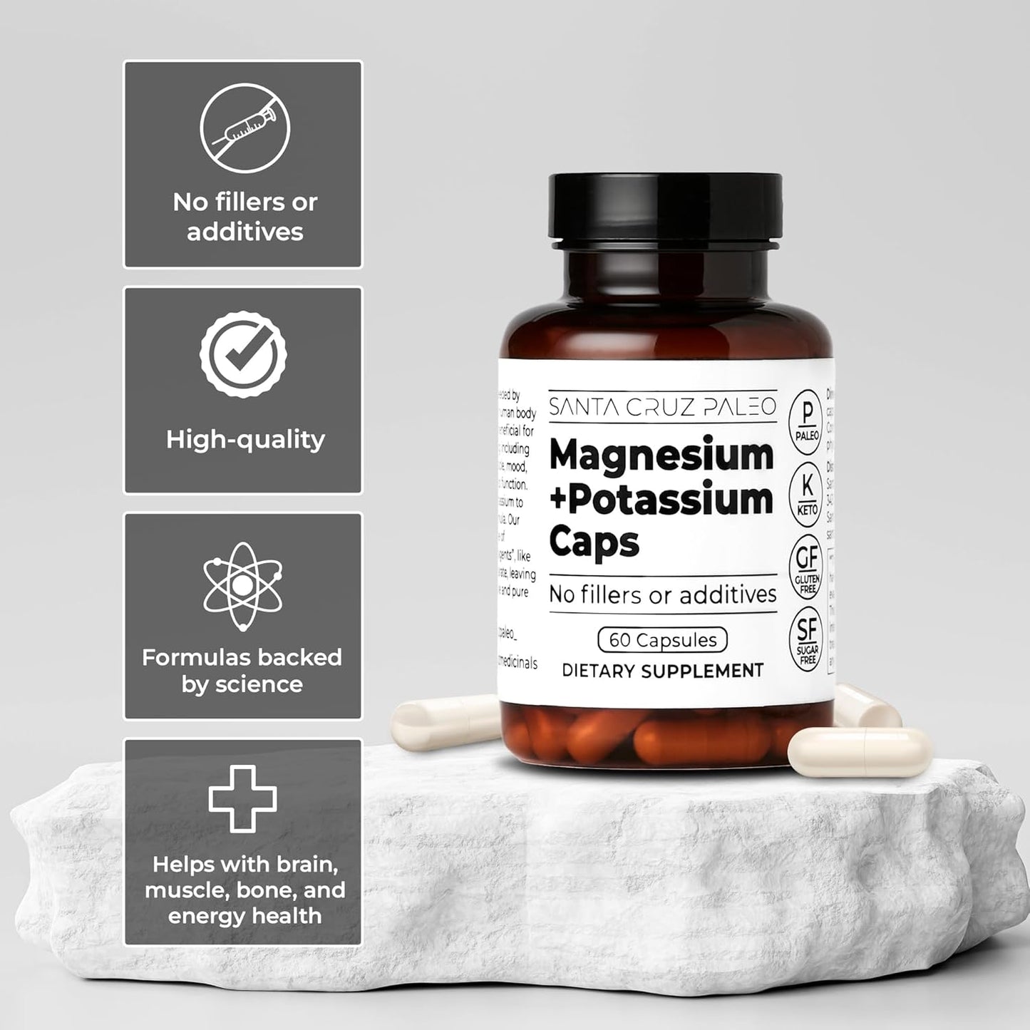 Gluten-Free Paleo Magnesium Potassium Capsules for Brain, Muscle, Bone, and Energy Support - 60 Capsules