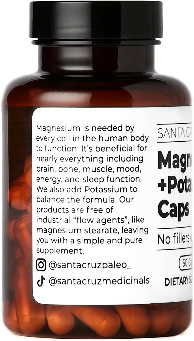Gluten-Free Paleo Magnesium Potassium Capsules for Brain, Muscle, Bone, and Energy Support - 60 Capsules