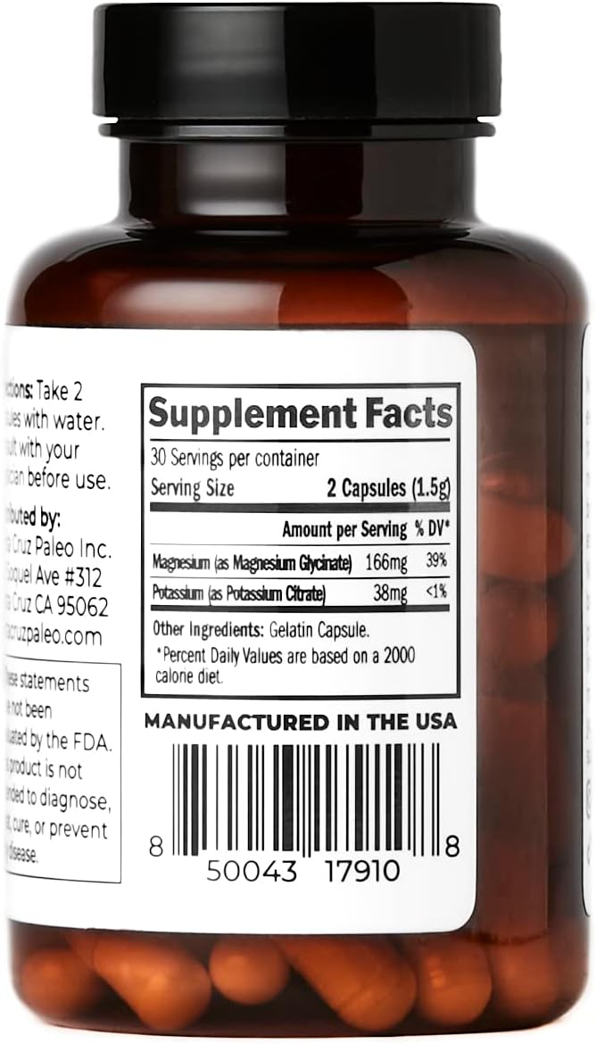 Gluten-Free Paleo Magnesium Potassium Capsules for Brain, Muscle, Bone, and Energy Support - 60 Capsules