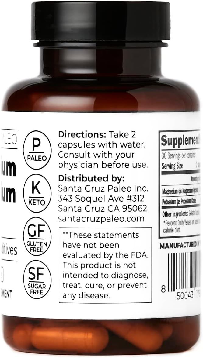 Gluten-Free Paleo Magnesium Potassium Capsules for Brain, Muscle, Bone, and Energy Support - 60 Capsules