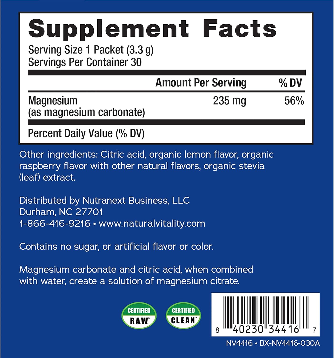 Gluten Free Vegan Anti-Stress Drink Mix Powder with Magnesium Citrate - Raspberry Lemon Flavor, 30 Packets, Natural Vitality Calm