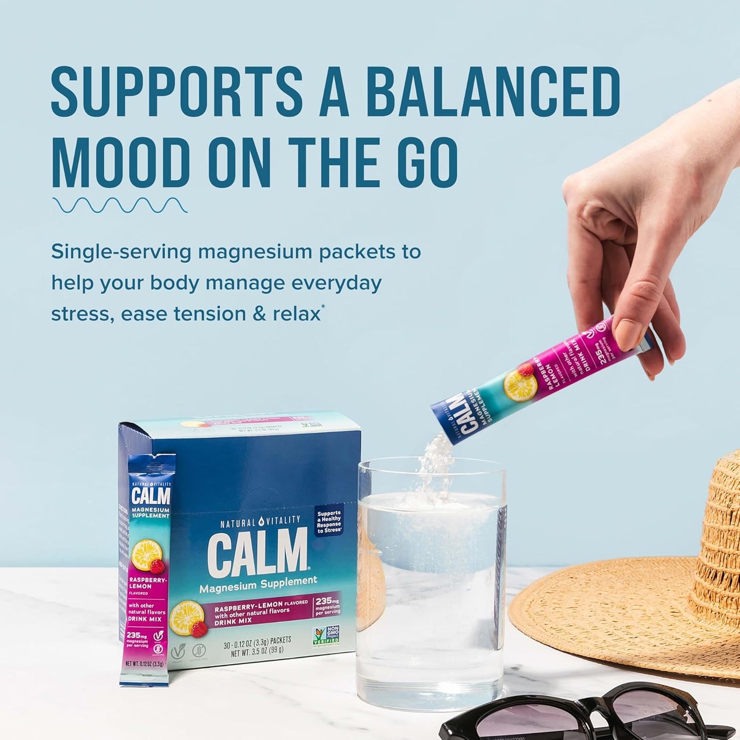 Gluten Free Vegan Anti-Stress Drink Mix Powder with Magnesium Citrate - Raspberry Lemon Flavor, 30 Packets, Natural Vitality Calm