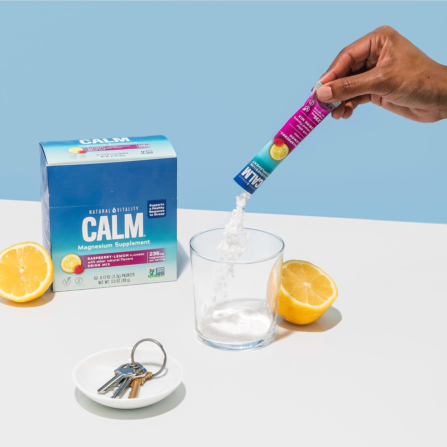 Gluten Free Vegan Anti-Stress Drink Mix Powder with Magnesium Citrate - Raspberry Lemon Flavor, 30 Packets, Natural Vitality Calm