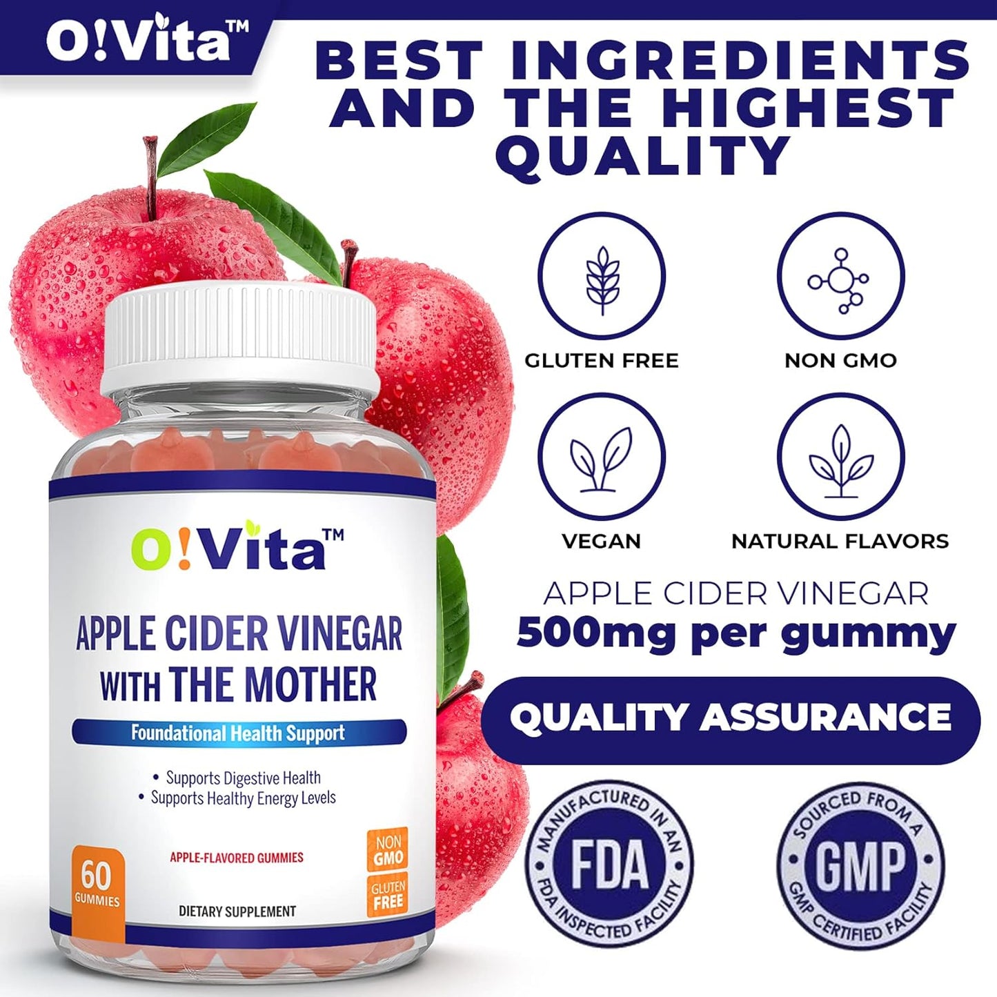 Gluten-Free Vegan Apple Cider Vinegar Gummies with The Mother, Pomagranate, Beet Root, Vitamin B12 - 60 Non-GMO Apple Flavored Gummies for Energy, 2-Month Supply